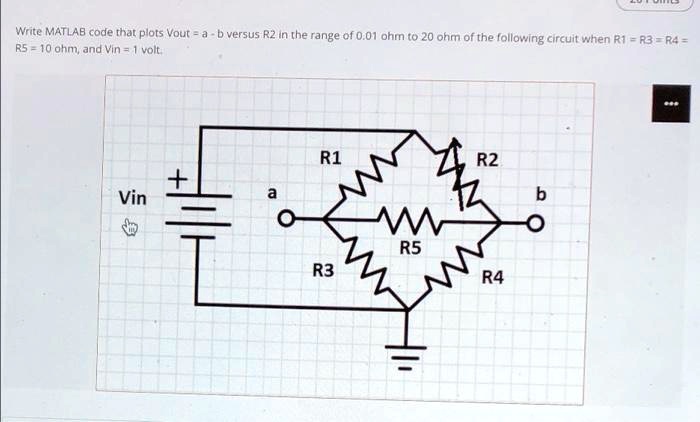 Write MATLAB code that plots Vout = a - b versus R2 in the range of 0.01 ohm to 20 ohm of the following circuit when R1 = R3 = R4 = R5 = 10 ohm, and Vin = 1 volt.