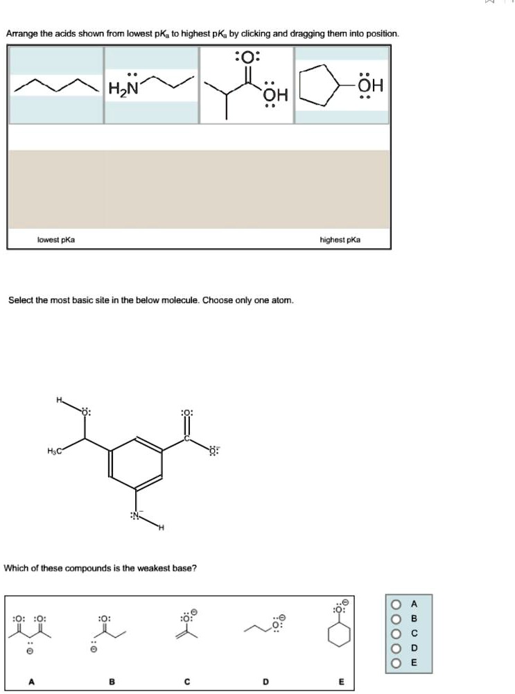 Arrange the acids shown from lowest pKa to highest pKa by clicking and