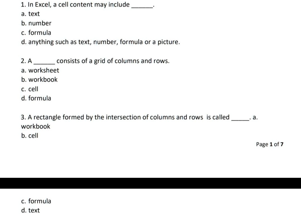 SOLVED 1. In Excel a cell content may include a. text b. number