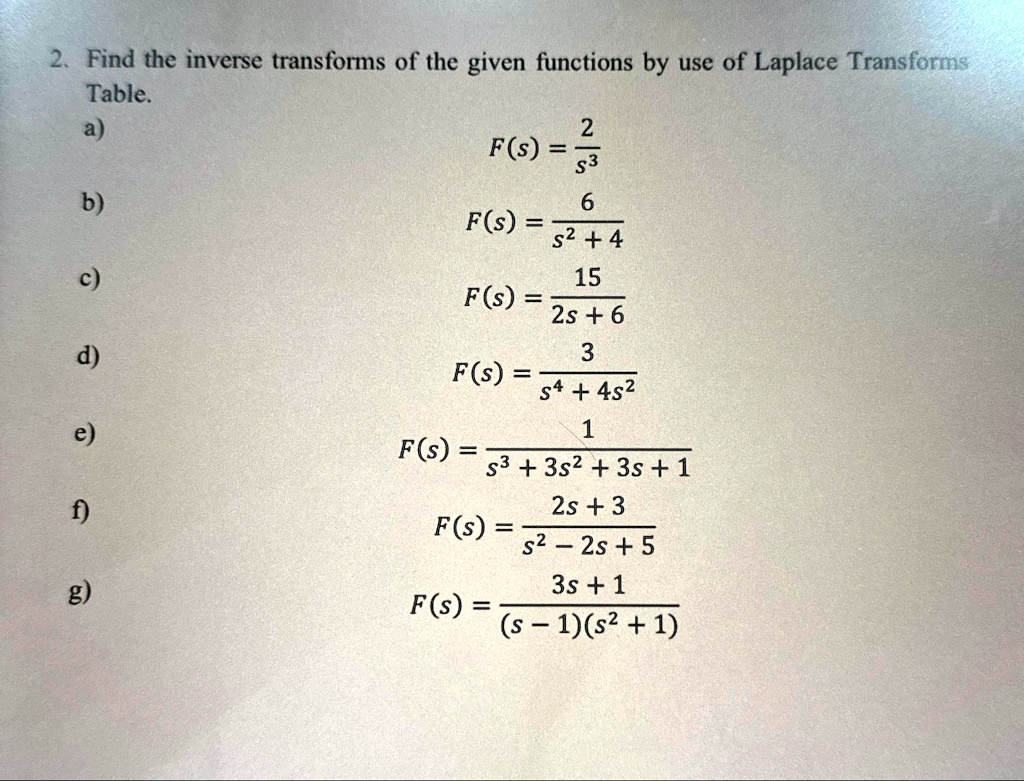 2. Find the inverse transforms of the given functions by use of Laplace Transforms
Table.
a)
(2)/(s^3)
b)
(6)/(s^2 + 4)
c)
(15)/(2s + 6)
d)
(3)/(s^4 + 4s^2)
e)
(1)/(s^3 + 3s^2 + 3s + 1)
f)
(2s + 3)/(s^2 - 2s + 5)
g)
(3s + 1)/((s - 1)(s^2 + 1))