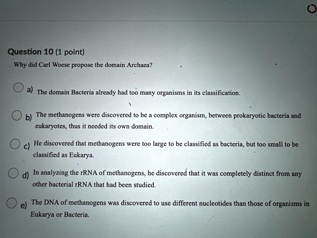 SOLVED: Question 10 (1 Point) Why Did Carl Woese Propose The Domain ...