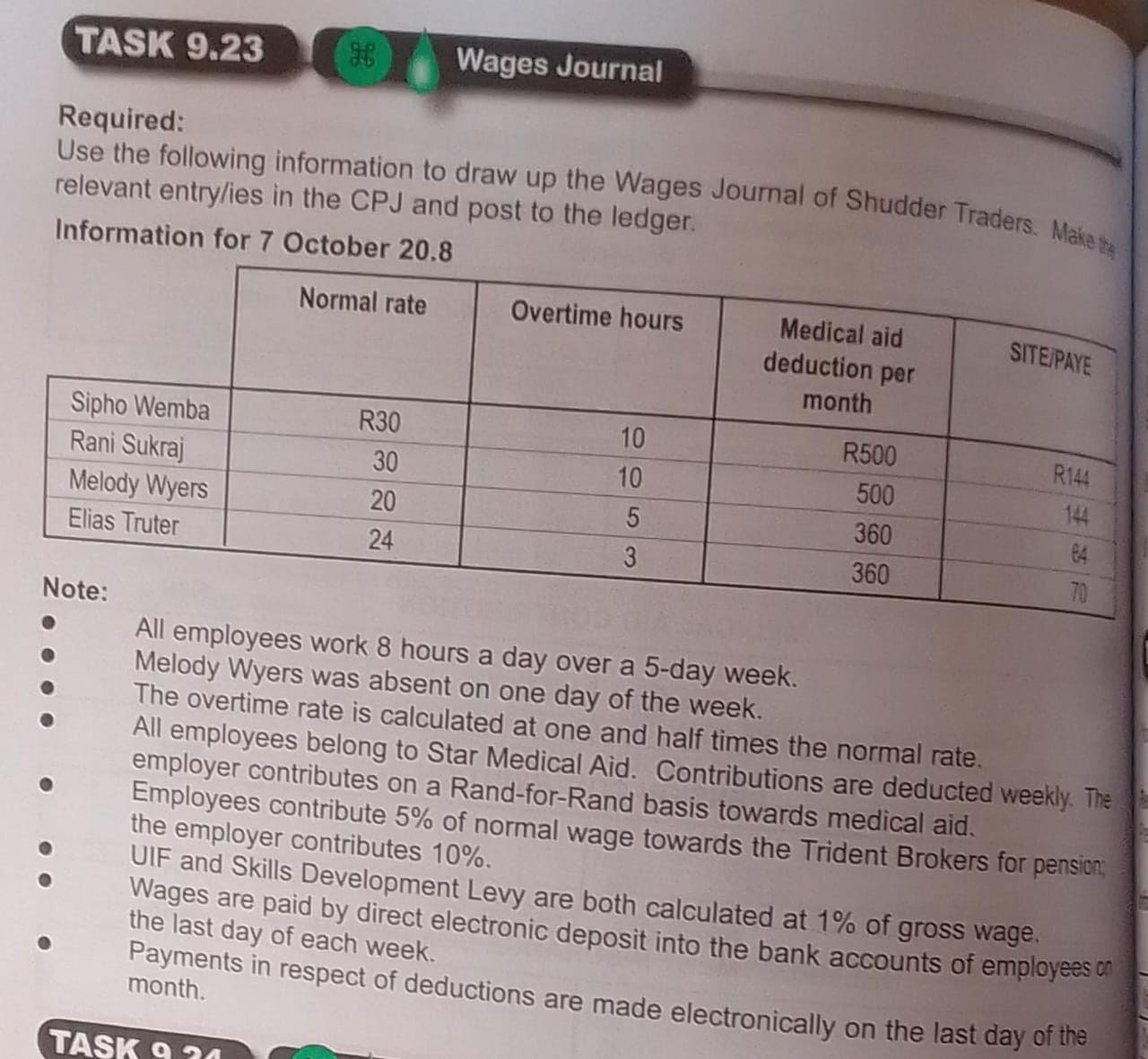 TASK 9.23
So^∘
Wages Journal
Required:
Use the following information to draw up the Wages Journal of Shudder Traders. Makes, relevant entry/ies in the CPJ and post to the ledger.
Information for 7 October 20.8

    Normal rate     Overtime hours      
Medical aid 

deduction per 

month
     SITE/PAYE 

Sipho Wemba     R 30     10     R 500     R144 

Rani Sukraj     30     10     500     14 

 
Melody Wyers 

Elias Tritor
     20     5     360     64 

Elias Truter     24     3     360     70 



Note:
All employees work 8 hours a day over a 5 -day week.
Melody Wyers was absent on one day of the week.
The overtime rate is calculated at one and half times the normal rate.
All employees belong to Star Medical Aid. Contributions are deducted weekly. The employer contributes on a Rand-for-Rand basis towards medical aid.
Employees contribute 5 % of normal wage towards the Trident Brokers for pension; the employer contributes 10 %.
UIF and Skills Development Levy are both calculated at 1 % of gross wage.
Wages are paid by direct electronic deposit into the bank accounts of employees on the last day of each week.
Payments in respect of deductions are made electronically on the last day of the month.