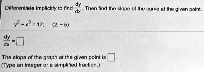 Differentiate implicitly to find dy/dx. Then find the slope of the curve at the given point.
y^2 - x^3 = 17; (2, -5)
dy/dx =
The slope of the graph at the given point is
(Type an integer or a simplified fraction.)