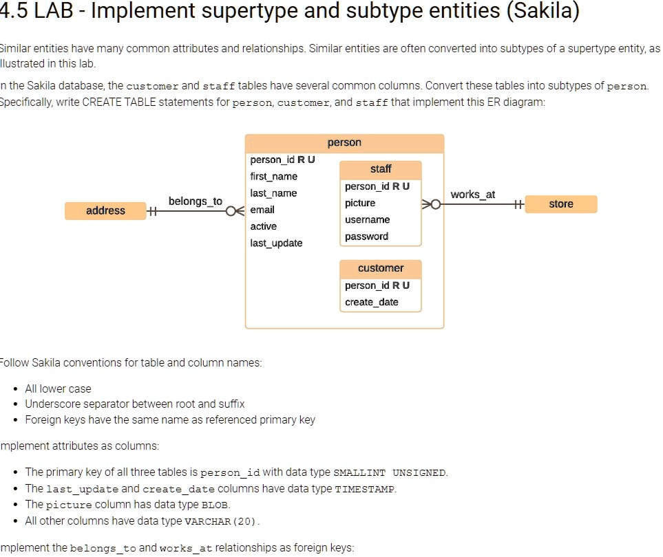 4.5 LAB - Implement supertype and subtype entities (Sakila) Similar ...