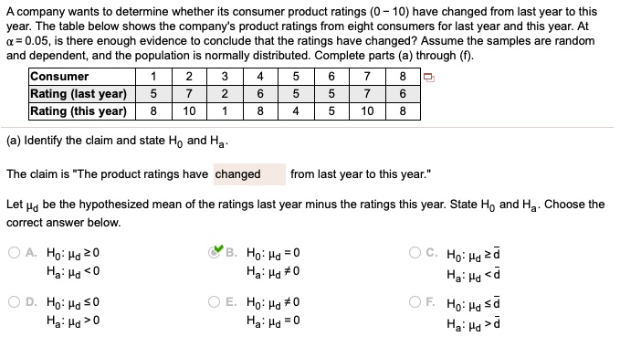 A company wants to determine whether its consumer product ratings (0–10) have changed from last year to this year. The table below shows the company's product ratings from eight consumers for last year and this year. At ? = 0.05, is there enough evidence to conclude that the ratings have changed? Assume the samples are random and dependent, and the population is normally distributed. Complete parts (a) through (f).

Consumer    1  2  3  4  5  6  7  8
Rating (last year)    5  7  2  6  5  5  7  6
Rating (this year)    8 10  1  8  4  5 10  8

(a) Identify the claim and state H0 and Ha:
The claim is "The product ratings have changed from last year to this year."
Let ?d be the hypothesized mean of the ratings last year minus the ratings this year. State H0 and Ha. Choose the correct answer below.

A. H0: ?d ? 0    Ha: ?d < 0
B. H0: ?d = 0    Ha: ?d ? 0
C. H0: ?d ? d?    Ha: ?d < d?
D. H0: ?d ? 0    Ha: ?d > 0
E. H0: ?d ? 0    Ha: ?d = 0
F. H0: ?d ? d?    Ha: ?d > d?