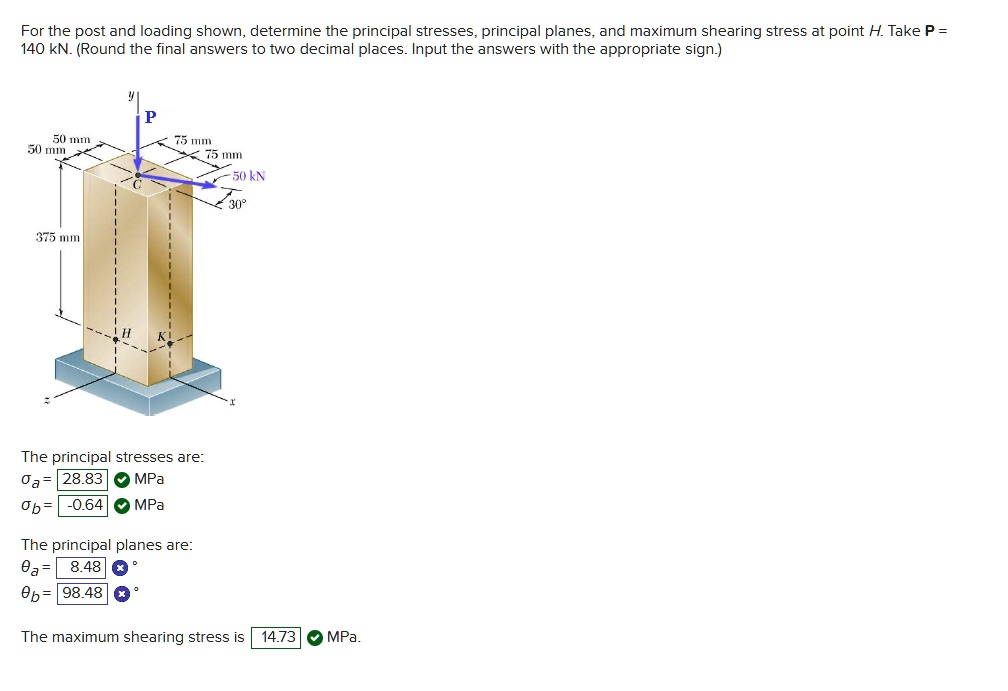 For the post and loading shown, determine the principal stresses ...