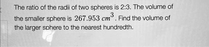 The ratio of the radii of two spheres is 2:3. The volume of the smaller sphere is 267.953 cm^3. Find the volume of the larger sphere to the nearest hundredth.