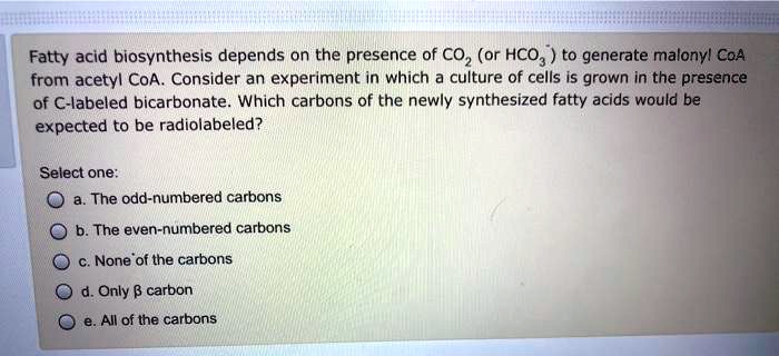 Fatty acid biosynthesis depends on the presence of CO2 (or HCO3-) to generate malonyl CoA from acetyl CoA. Consider an experiment in which a culture of cells is grown in the presence of C-labeled bicarbonate. Which carbons of the newly synthesized fatty acids would be expected to be radiolabeled?
Select one:
a. The odd-numbered carbons
b. The even-numbered carbons
c. None of the carbons
d. Only ? carbon
e. All of the carbons