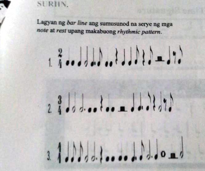 SOLVED: Lagyan ng bar line ang sumusunod na serye ng mga note at rest ...