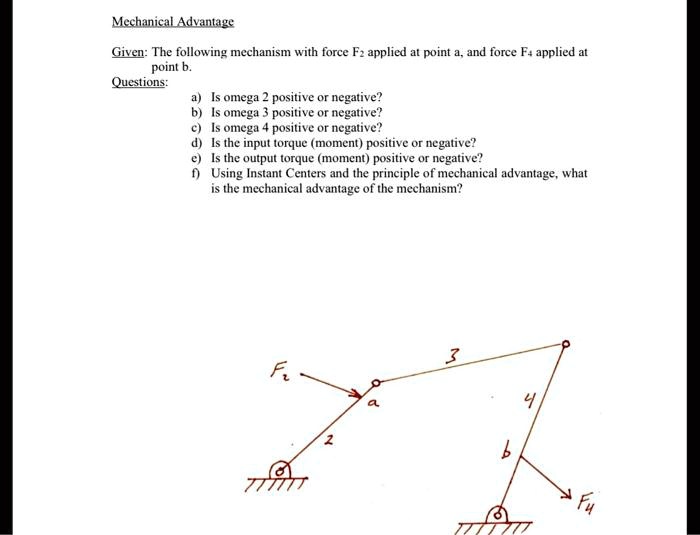 Mechanical Advantage Given: The following mechanism with force F2 ...