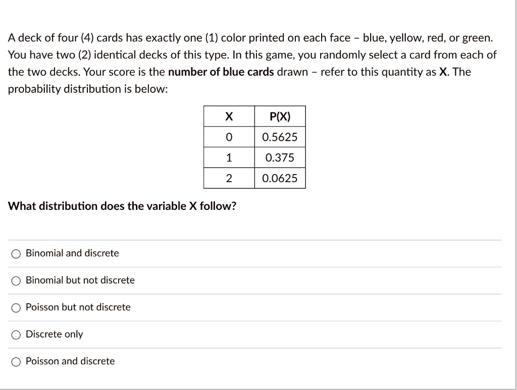 SOLVED: A deck of four (4) cards has exactly one (1) color printed on ...