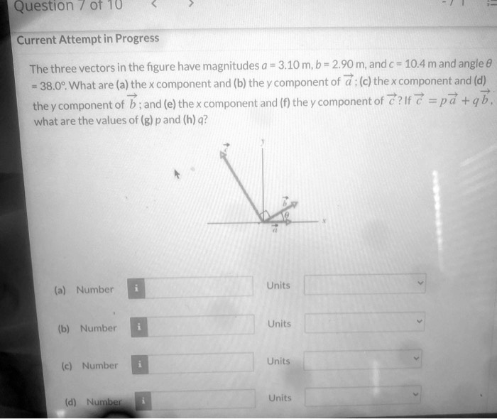 Solved Question Of 0 Current Attempt In Progress The Three Vectors In The Figure Have Magnitudes A 3 10 M B 2 90 M And A 10 4m And Angle 8 38 09 What Are