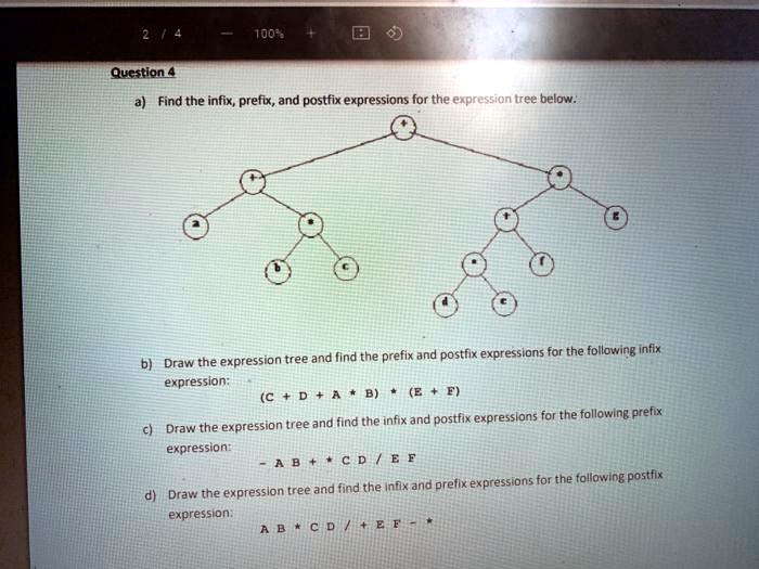 Question 4
a) Find the infix, prefix, and postfix expressions for the expression tree below.
b) Draw the expression tree and find the prefix and postfix expressions for the following infix
expression:
(C + D + A  B)  (E + F)
c) Draw the expression tree and find the infix and postfix expressions for the following prefix
expression:
- A  B + C  D / E  F
d) Draw the expression tree and find the infix and prefix expressions for the following postfix
expression:
A  B  C  D / + E  F -