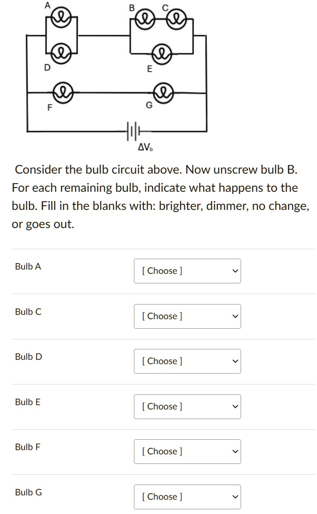 a b c d e f g delta vb consider the bulb circuit above now unscrew bulb b for each remaining bulb indicate what happens to the bulb fill in the blanks with brighter dimmer no change or goes 59676