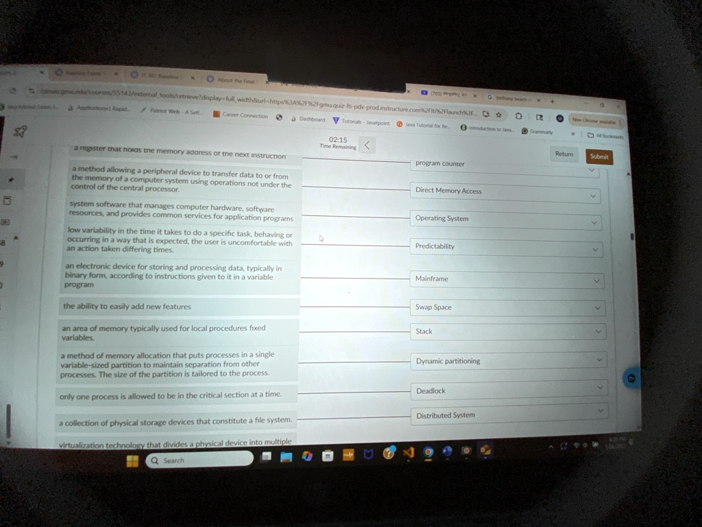 0215 time remaining return submit a register that holds the memory address of the next instruction program counter a method allowing a peripheral device to transfer data to or from the memor 00217