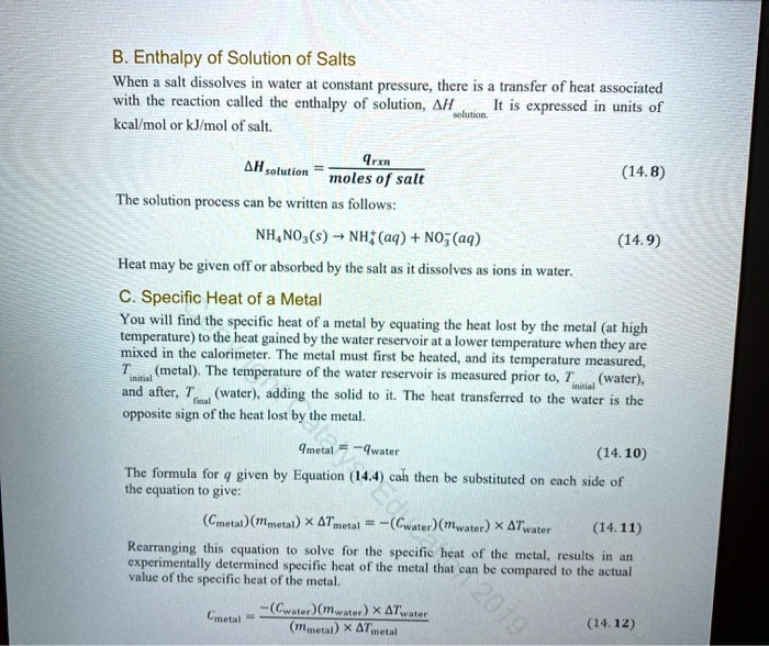 SOLVED:B. Enthalpy of Solution of Salts When salt dissolves in water at ...