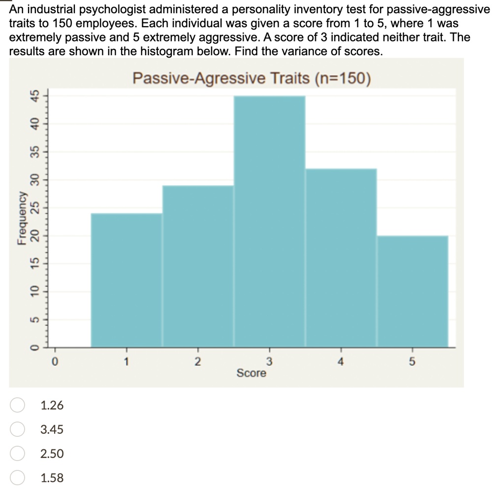 an industrial psychologist administered a personality inventory test for passive aggressive traits to 150 employees each individual was given a score from 1 to 5 where 1 was extremely passiv 03618