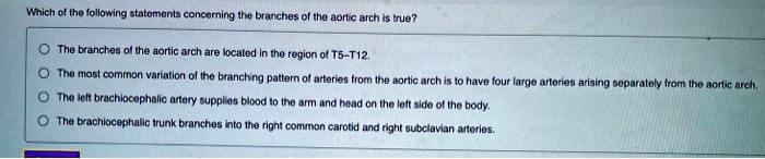 Which of the following statements concerning the branches of the aortic arch is true?
The branches of the aortic arch are located in the region of T5-T12.
The most common variation of the branching pattern of arteries from the aortic arch is to have four large arteries arising separately from the aortic arch.
The left brachiocephalic artery supplies blood to the arm and head on the left side of the body.
The brachiocephalic trunk branches into the right common carotid and right subclavian arteries.