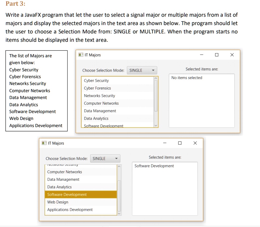 SOLVED: Part 3: Write a JavaFX program that let the user to select a ...