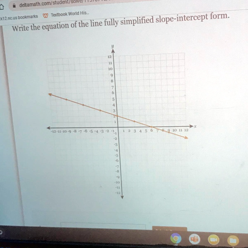 SOLVED: 'HELPPPPPPPPPPPPPPPPPPPPPPPP deitamath con/student/sowver d  bookmarks Textbook World His Kzncus slope-intercept form: of the line fully  simplified Write the equation 6 5 F121-0-9 -8 7 -6 -5 -4 -3 -2 10 4 12 -8'