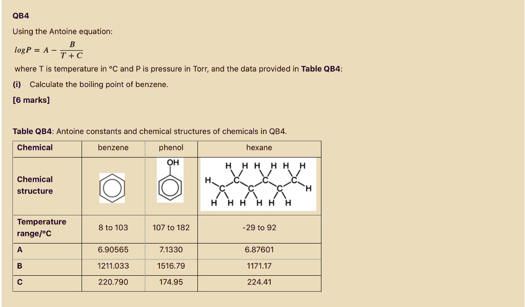 SOLVED: Using the Antoine equation: logP = A - B/T where T is ...