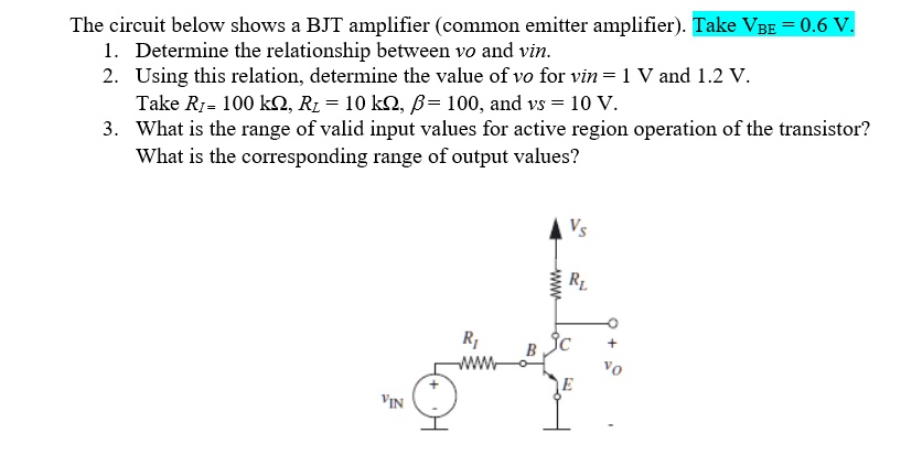 SOLVED: The circuit below shows a BJT amplifier (common emitter ...