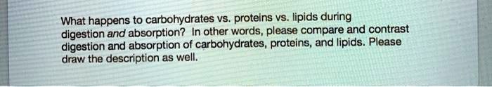 What happens to carbohydrates vs. proteins vs. lipids during
digestion and absorption? In other words, please compare and contrast
digestion and absorption of carbohydrates, proteins, and lipids. Please
draw the description as well.