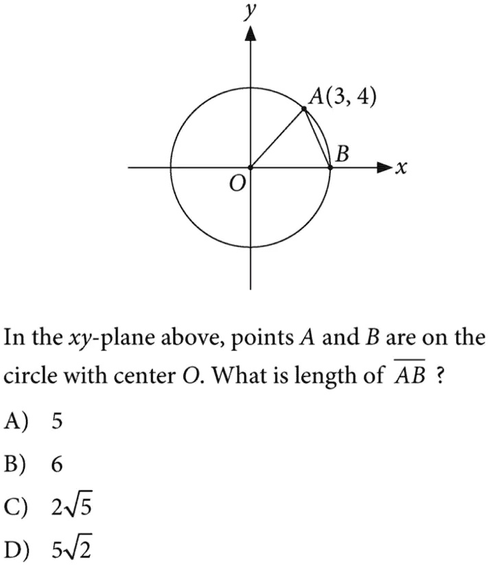 y
A(3, 4)
B
O
x
In the xy-plane above, points A and B are on the circle with center O. What is length of AB ?
A) 5
B) 6
C) 2?5
D) 5?2