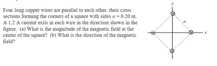 Four long copper wires are parallel to each other, their cross sections forming the corners of a square with sides a = 0.20 m. A 1.2 A current exits in each wire in the direction shown in the figure. (a) What is the magnitude of the magnetic field at the center of the square? (b) What is the direction of the magnetic field?