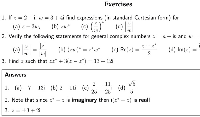 SOLVED: Exercises 1, If z=2-1, w = 3 + 4i find expressions (in standard ...