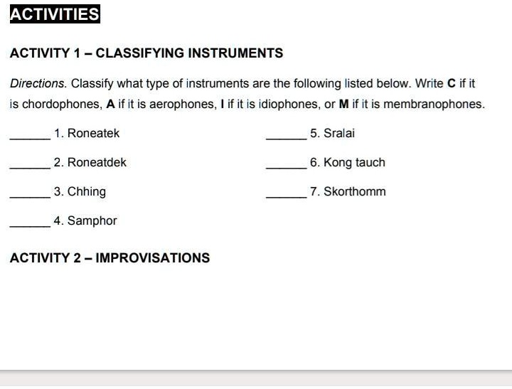SOLVED ACTIVITIES ACTIVITY 1 CLASSIFYING INSTRUMENTS Directions