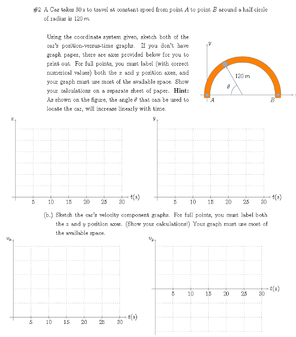 #2 A Car take 30 s to travel at constant speed from point A to point B around a half circle of radius is 120  m.
Using the cootdinate system given, sketch both of the car's position-versus-time graphs. If you don't have graph paper, there are axes provided below for you to print out. For full points, you must label (with correct numerical values) both the x and y position axes, and your graph must use most of the svailable space. Show your calculations on a separate sheet of paper. Hint: As shown on the figure, the angle θ that can be used to locate the car, will increase linearly with time.
(b.) Sketch the car's velocity component, graphs. For full points, you must lsbel both the x snd y position axes. (Show your cslculstions!) Your graph must use most of the available space.