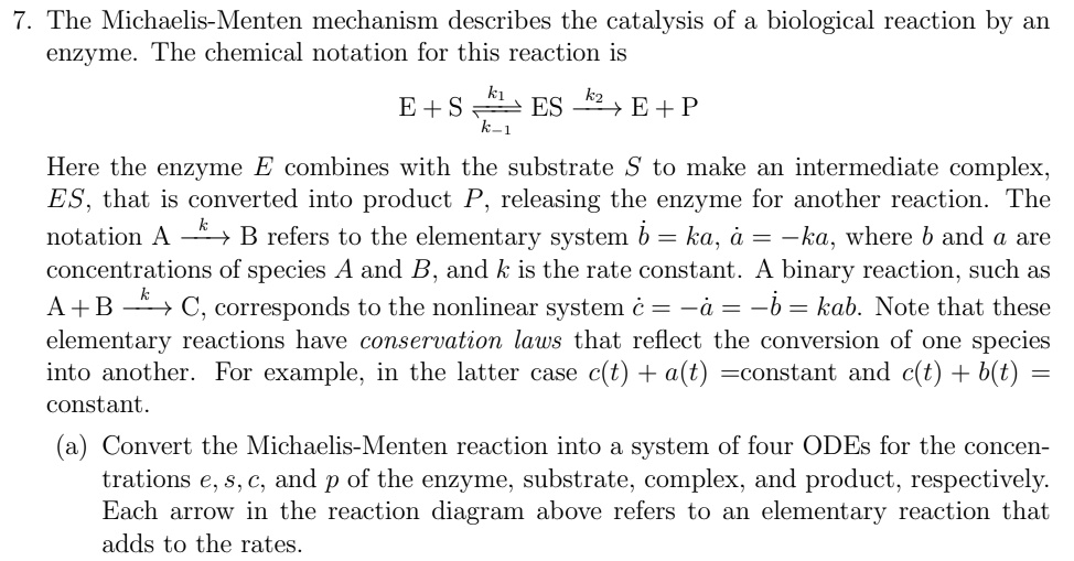 SOLVED: 7. The Michaelis-Menten mechanism describes the catalysis of a ...