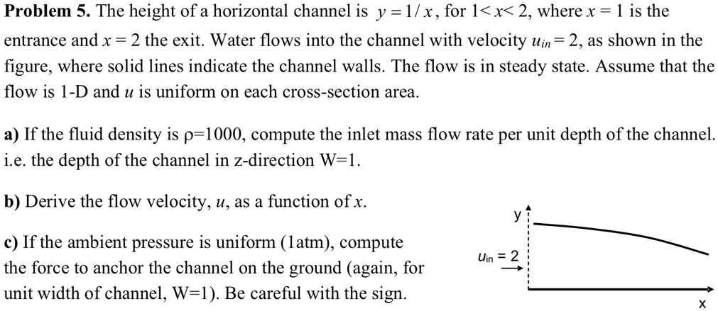 Problem 5. The height of a horizontal channel is y = 1/x, for 1 < x < 2, where x = 1 is the entrance and x = 2 the exit. Water flows into the channel with velocity uin = 2, as shown in the figure, where solid lines indicate the channel walls. The flow is in steady state. Assume that the flow is 1-D and u is uniform on each cross-section area.

a) If the fluid density is rho = 1000, compute the inlet mass flow rate per unit depth of the channel. i.e. the depth of the channel in z-direction W = 1.

b) Derive the flow velocity, u, as a function of x.

c) If the ambient pressure is uniform (1 atm), compute the force to anchor the channel on the ground (again, for unit width of channel, W = 1). Be careful with the sign.