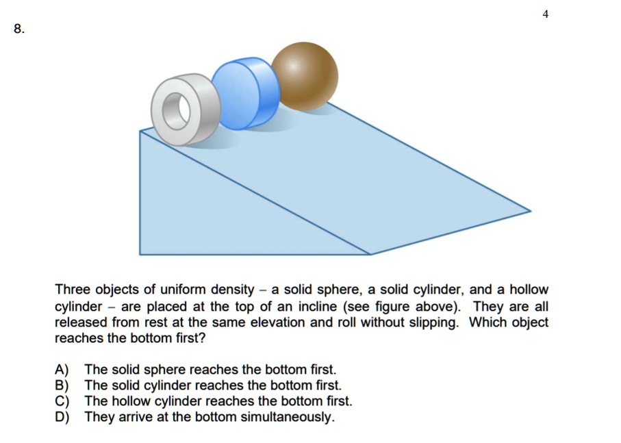 Three objects of uniform density a solid sphere, a solid cylinder, and