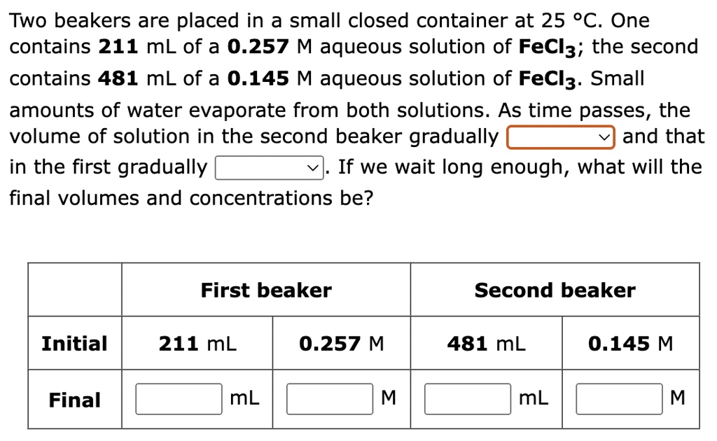 SOLVED Two beakers are placed in a small closed container at 25 *c. One contains 481 mL of a 0.