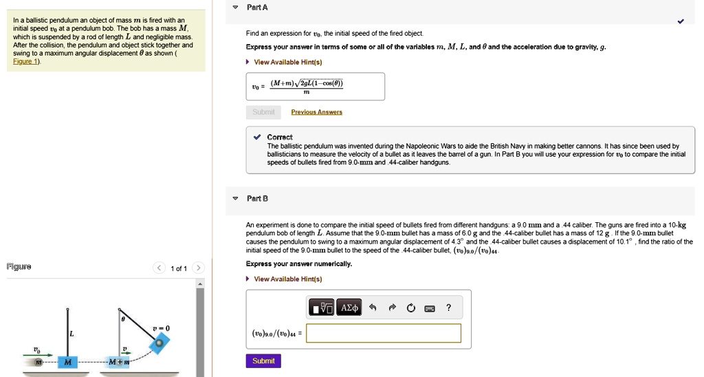 SOLVED: In a ballistic pendulum, an object of mass m is fired with an ...