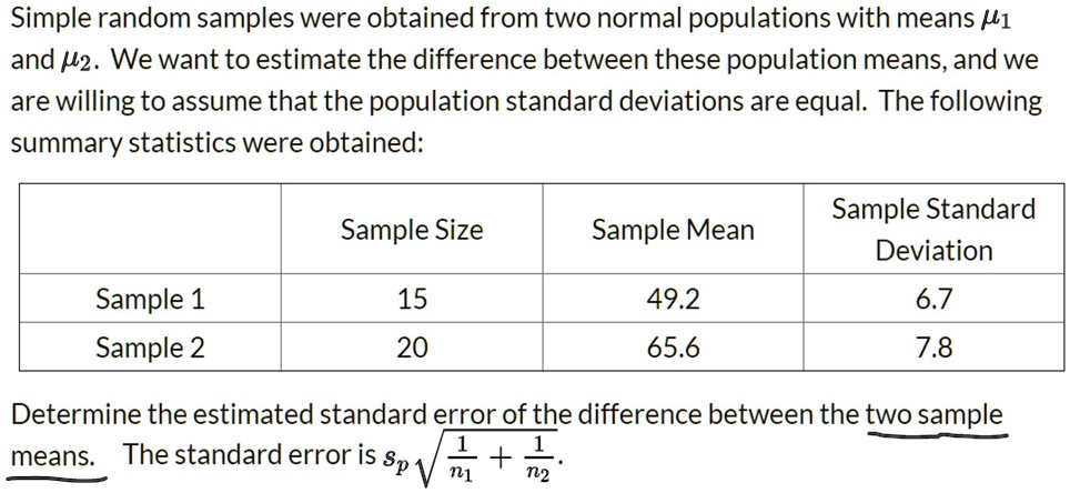 Solved Simple Random Samples Were Obtained From Two Normal Populations With Means 1 And 02 We Want To Estimate The Difference Between These Population Means And We Are Willing To Assume That