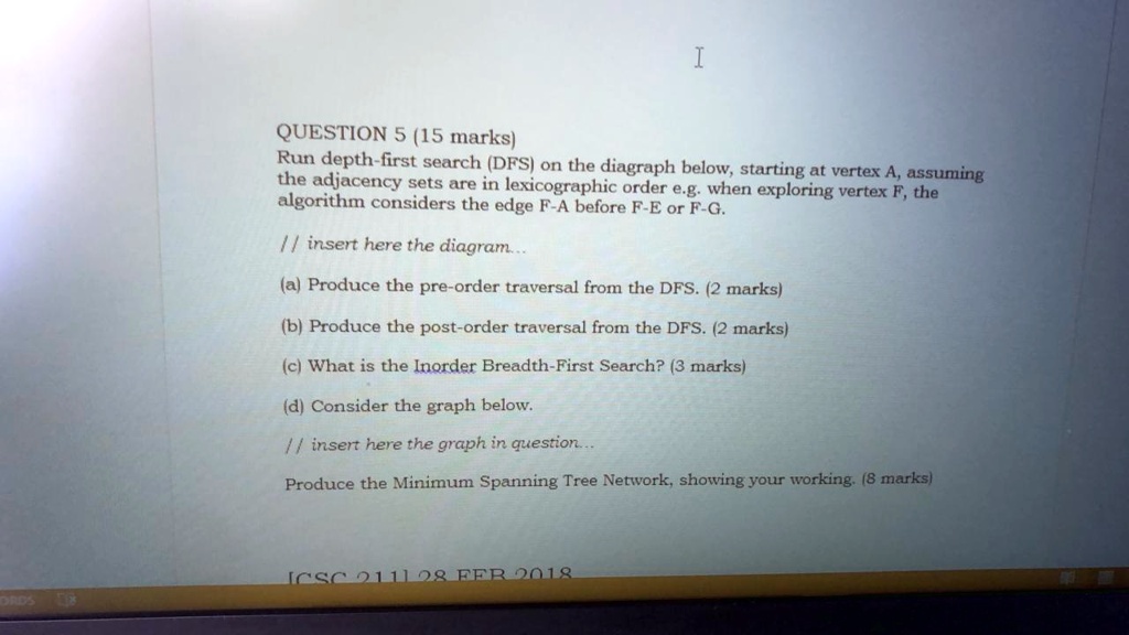 I
QUESTION 5 (15 marks)
Run depth-first search (DFS) on the diagraph below, starting at vertex A, assuming
the adjacency sets are in lexicographic order e.g. when exploring vertex F, the
algorithm considers the edge F-A before F-E or F-G.
// insert here the diagram...
(a) Produce the pre-order traversal from the DFS. (2 marks)
(b) Produce the post-order traversal from the DFS. (2 marks)
(c) What is the Inorder Breadth-First Search? (3 marks)
(d) Consider the graph below.
// insert here the graph in question...
Produce the Minimum Spanning Tree Network, showing your working. (8 marks)
ICSC 211128 FEB 2018
