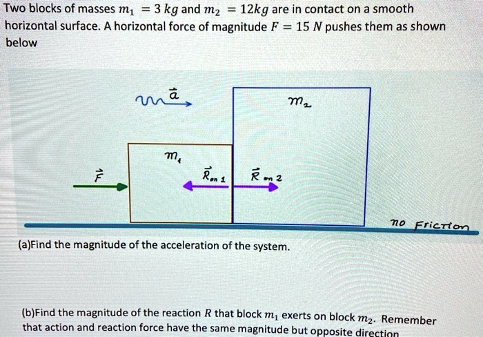 Two blocks of masses m1 = 3 kg and m2 = 12kg are in contact on a smooth horizontal surface. A horizontal force of magnitude F = 15 N pushes them as shown below
(a)Find the magnitude of the acceleration of the system.
(b)Find the magnitude of the reaction R that block m1 exerts on block m2. Remember that action and reaction force have the same magnitude but opposite direction