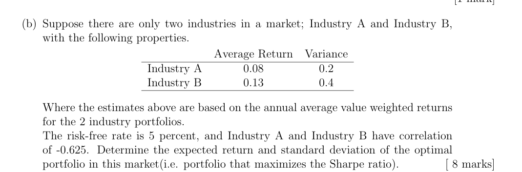 (b) Suppose there are only two industries in a market; Industry A and Industry B, with the following properties.
egintabularlcc 
    Average Return     Variance hline Industry A     0.08     0.2 Industry B     0.13     0.4 hline
endtabular

Where the estimates above are based on the annual average value weighted returns for the 2 industry portfolios.
The risk-free rate is 5 percent, and Industry A and Industry B have correlation of -0.625 . Determine the expected return and standard deviation of the optimal portfolio in this market(i.e. portfolio that maximizes the Sharpe ratio).
[8 marks]