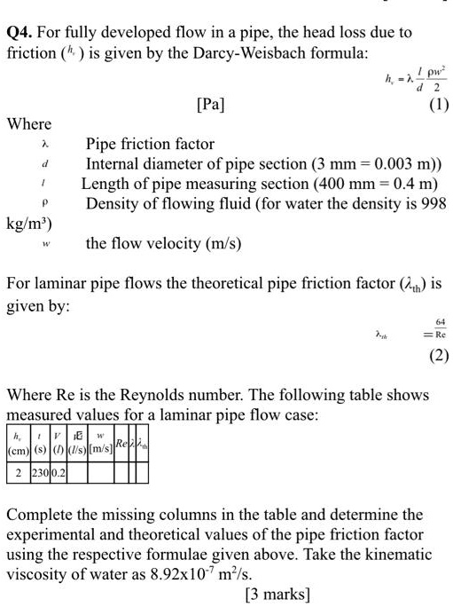 SOLVED Q4. For fully developed flow in a pipe, the head loss due to