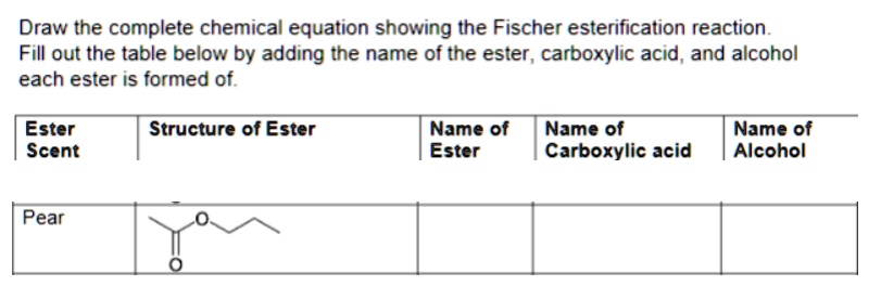 Draw the complete chemical equation showing the Fischer esterification ...