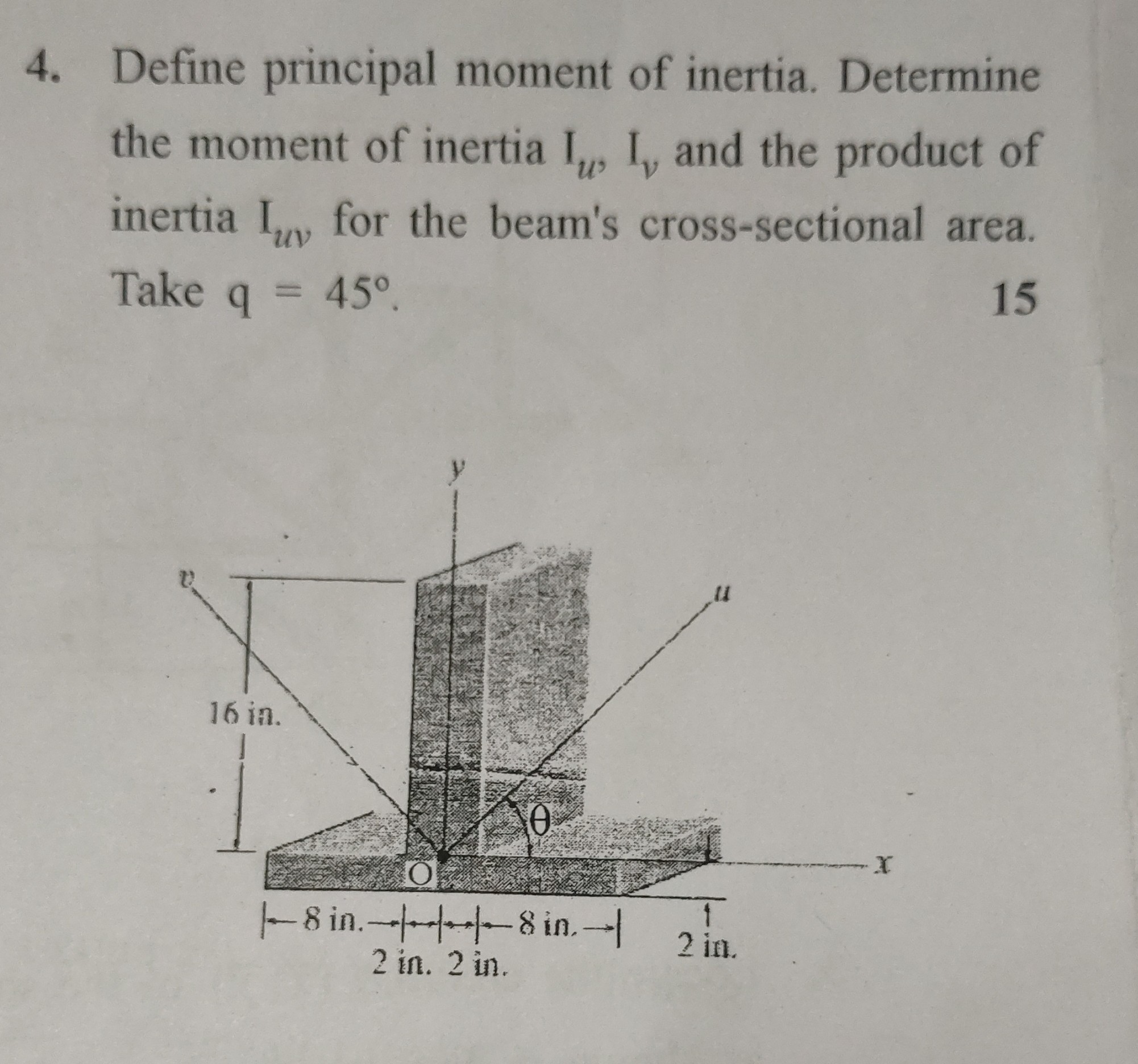 4. Define principal moment of inertia. Determine the moment of inertia Iu, Iv and the product of inertia Iu v for the beam's cross-sectional area. Take q=45^∘.
15