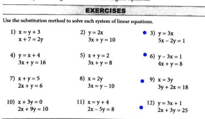 Solved Exercises Use The Suhstitution Method To Solve Each System Of Linear Equations 1 X Y 3 2 Y 2x 3 Y 3x X 7 2y 3x Y 10 Sx Zy