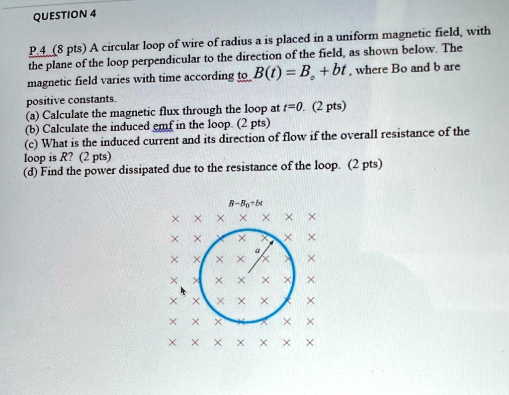 QUESTION 4 P.4 (8 pts) A circular loop of wire of radius a is placed in ...