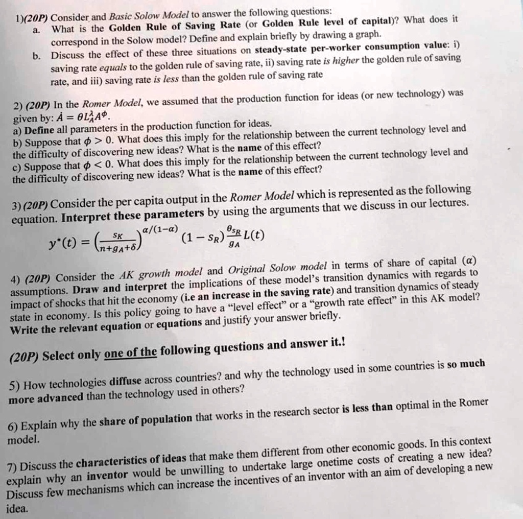 SOLVED: (20P) Consider and Basic Solow Model to answer the following ...