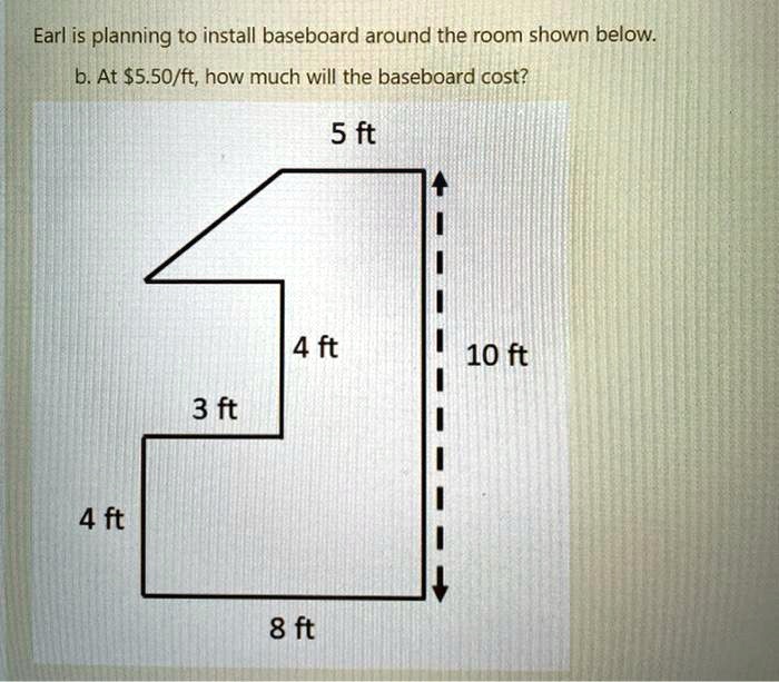 SOLVED: Earl is planning to install baseboard around the room shown ...