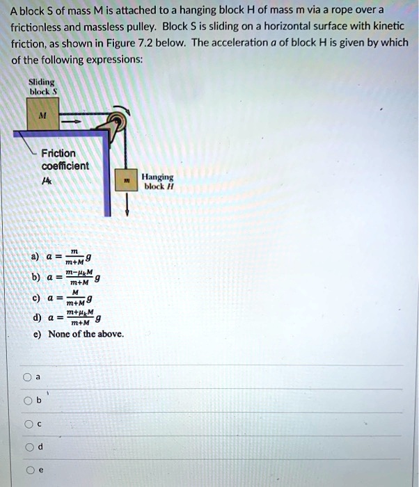 SOLVED: Ablock S of mass M is attached to a hanging block H of mass m ...