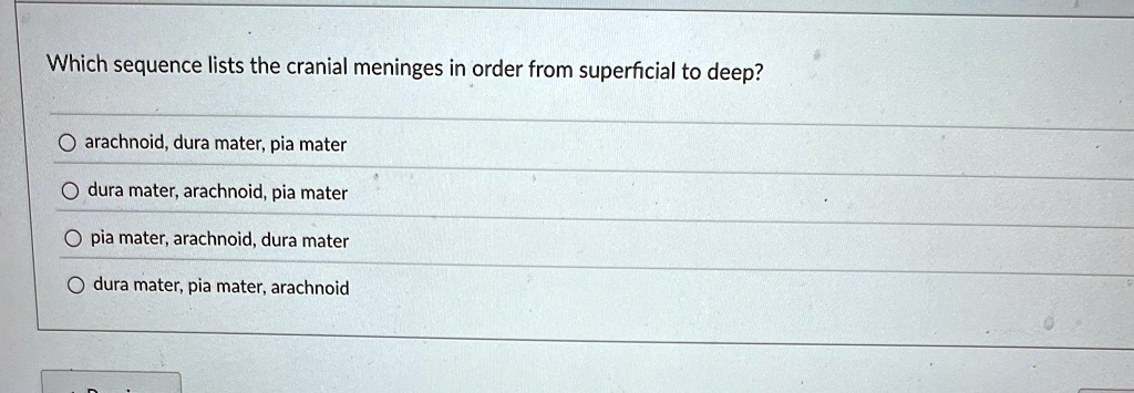 which sequence lists the cranial meninges in order from superficial to ...